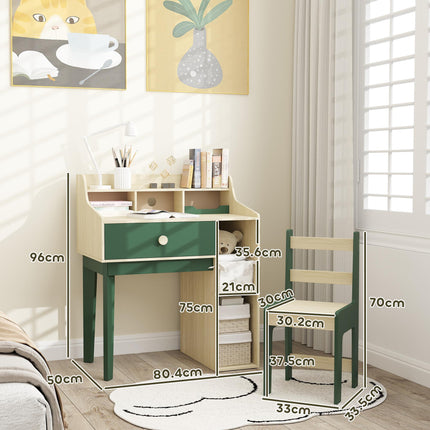 2 Piece Kids Desk and Chair Set with Storage Shelves and Drawer - Green