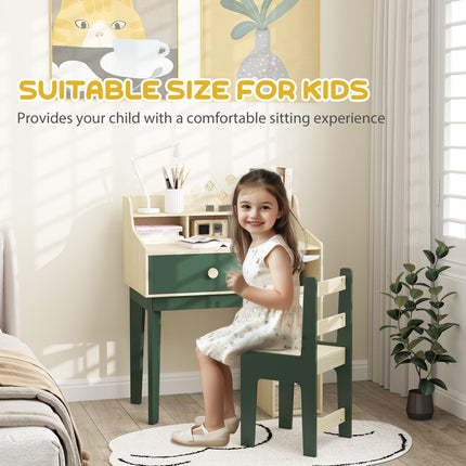2 Piece Kids Desk and Chair Set with Storage Shelves and Drawer - Green