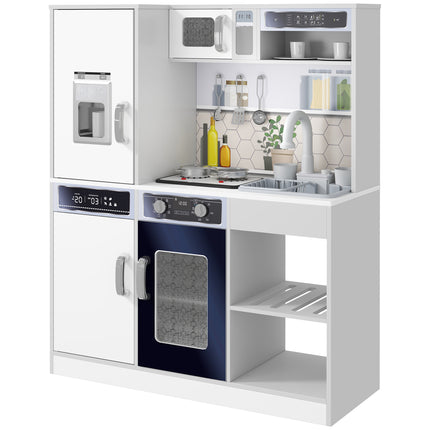 Pretend Play Kids Kitchen Playset with Sounds, Lights, Running Water, Coffee Maker & Refrigerator - White