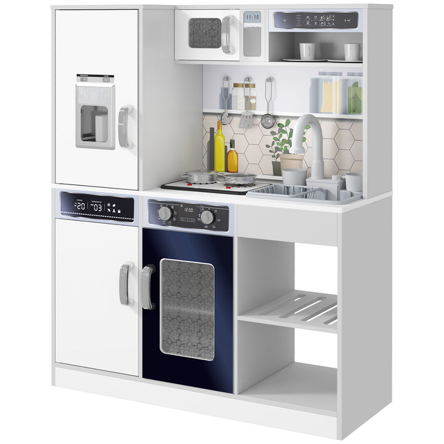 Pretend Play Kids Kitchen Playset with Sounds, Lights, Running Water, Coffee Maker & Refrigerator - White