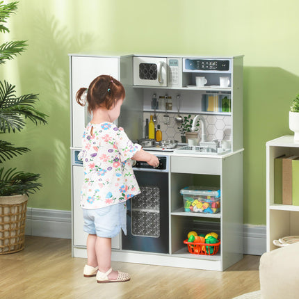 Pretend Play Kids Kitchen Playset with Sounds, Lights, Running Water, Coffee Maker & Refrigerator - White