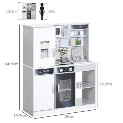 Pretend Play Kids Kitchen Playset with Sounds, Lights, Running Water, Coffee Maker & Refrigerator - White