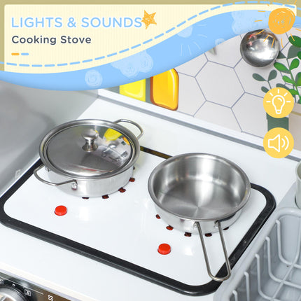 Pretend Play Kids Kitchen Playset with Sounds, Lights, Running Water, Coffee Maker & Refrigerator - White