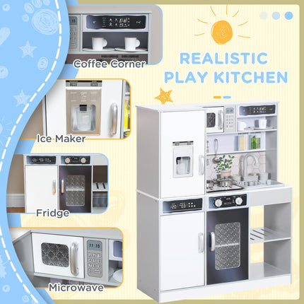 Pretend Play Kids Kitchen Playset with Sounds, Lights, Running Water, Coffee Maker & Refrigerator - White
