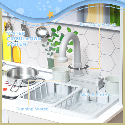 Pretend Play Kids Kitchen Playset with Sounds, Lights, Running Water, Coffee Maker & Refrigerator - White