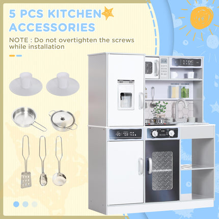 Pretend Play Kids Kitchen Playset with Sounds, Lights, Running Water, Coffee Maker & Refrigerator - White