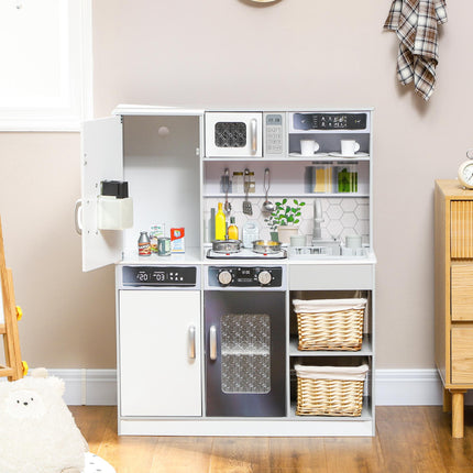 Pretend Play Kids Kitchen Playset with Sounds, Lights, Running Water, Coffee Maker & Refrigerator - White