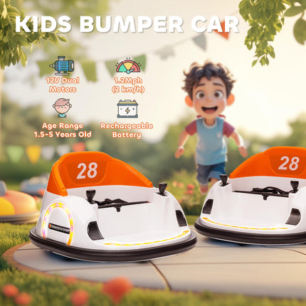 12V 360° Rotation Kids Bumper Car with Remote Control, Dual Joysticks, Music & Lights - Orange