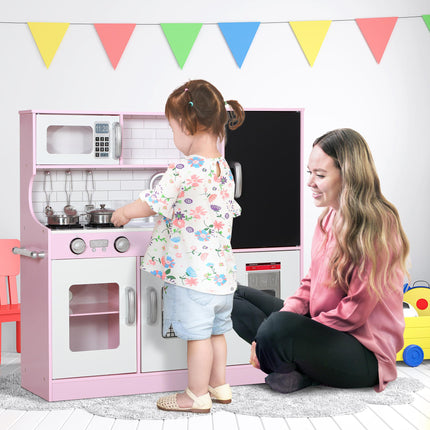Kids Pretend Play Kitchen Playset with Toy Phone, Chalkboard, Microwave, Stove & Sink - Pink