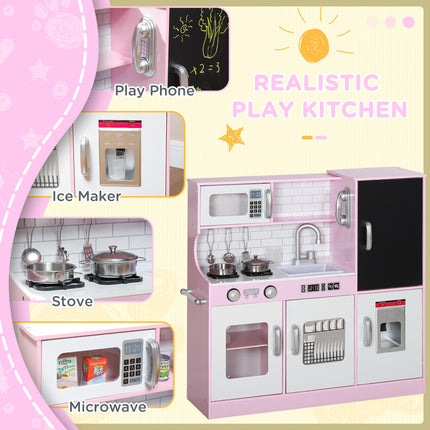 Kids Pretend Play Kitchen Playset with Toy Phone, Chalkboard, Microwave, Stove & Sink - Pink