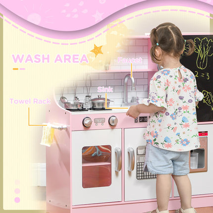 Kids Pretend Play Kitchen Playset with Toy Phone, Chalkboard, Microwave, Stove & Sink - Pink