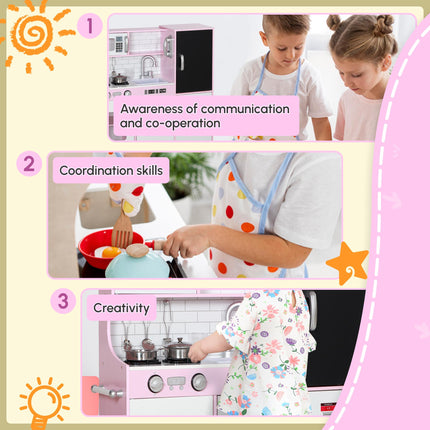 Kids Pretend Play Kitchen Playset with Toy Phone, Chalkboard, Microwave, Stove & Sink - Pink