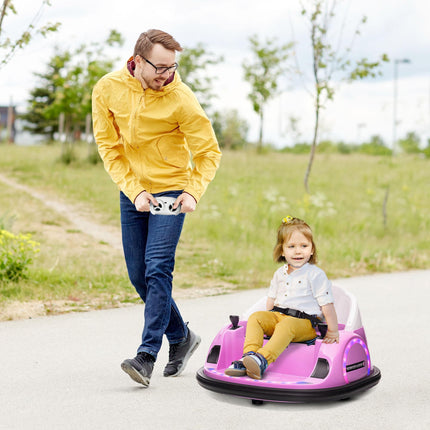 12V 360° Rotation Kids Bumper Car with Remote Control, Dual Joysticks, Music & Lights - Pink