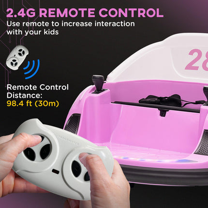 12V 360° Rotation Kids Bumper Car with Remote Control, Dual Joysticks, Music & Lights - Pink