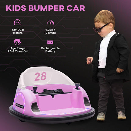 12V 360° Rotation Kids Bumper Car with Remote Control, Dual Joysticks, Music & Lights - Pink