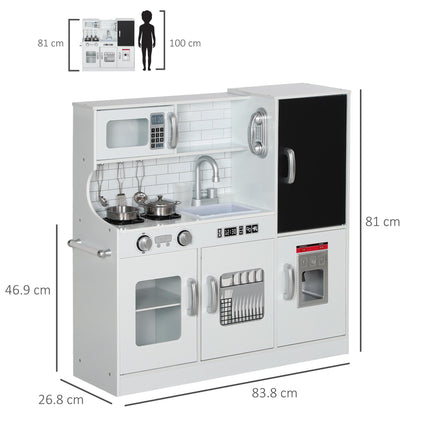 Pretend Play Kitchen, Kids Kitchen Playset, with Toy Phone, Chalkboard, Microwave, Cooking Stove, Sink, White