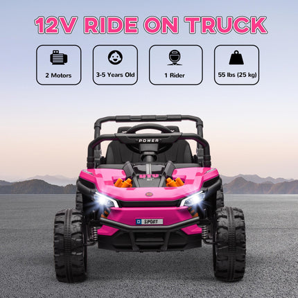 12V Battery Powered Ride-On Truck with Remote, Suspension, Horn, Lights, Music, USB for Ages 3-5 - Pink