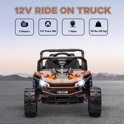 12V Battery Powered Ride-On Truck with Remote, Suspension, Horn, Lights & Music for Ages 3-5 - Brown