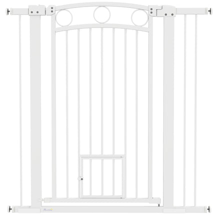 106cm Tall Dog Gate with Cat Door and 7cm & 14cm Extensions for 76-104cm Wide Doorways - White