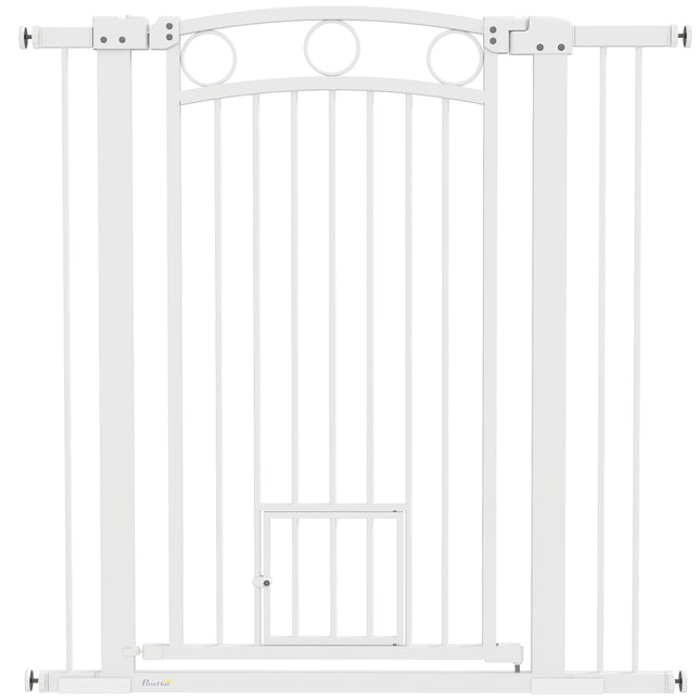 106cm Tall Dog Gate with Cat Door and 7cm & 14cm Extensions for 76-104cm Wide Doorways - White