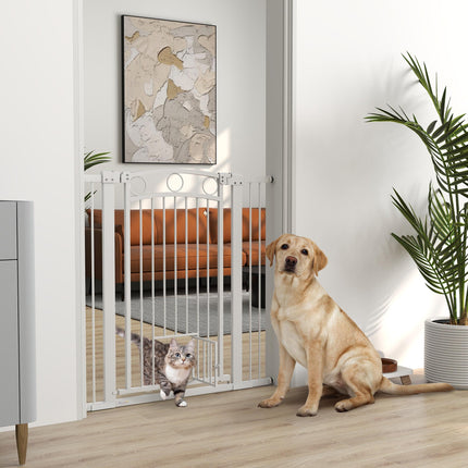106cm Tall Dog Gate with Cat Door and 7cm & 14cm Extensions for 76-104cm Wide Doorways - White