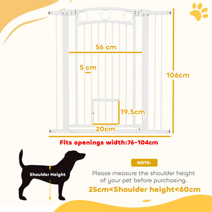 106cm Tall Dog Gate with Cat Door and 7cm & 14cm Extensions for 76-104cm Wide Doorways - White