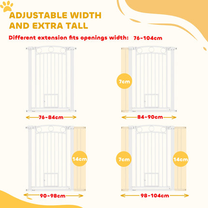 106cm Tall Dog Gate with Cat Door and 7cm & 14cm Extensions for 76-104cm Wide Doorways - White