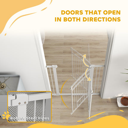 106cm Tall Dog Gate with Cat Door and 7cm & 14cm Extensions for 76-104cm Wide Doorways - White