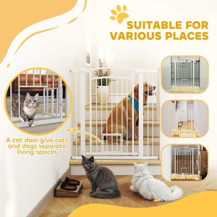 106cm Tall Dog Gate with Cat Door and 7cm & 14cm Extensions for 76-104cm Wide Doorways - White