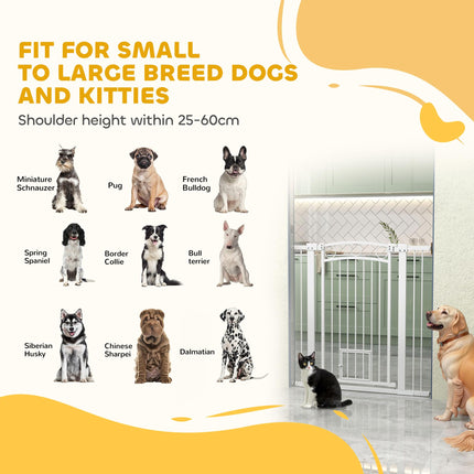 106cm Tall Dog Gate with Cat Door and 7cm & 14cm Extensions for 76-104cm Wide Doorways - White
