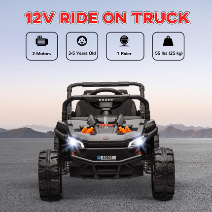12V Ride On Truck with Remote, 4 Suspension Wheels, Horn, Lights, Music, USB for Ages 3-5 - Black
