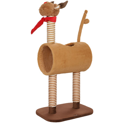 98cm Deer Themed Cat Tree with Scratching Posts, Tunnel & Toy Ball - Brown