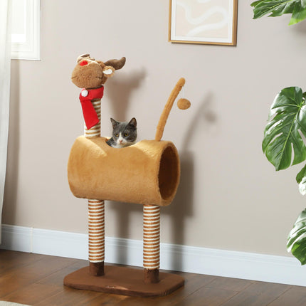 98cm Deer Themed Cat Tree with Scratching Posts, Tunnel & Toy Ball - Brown
