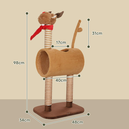 98cm Deer Themed Cat Tree with Scratching Posts, Tunnel & Toy Ball - Brown