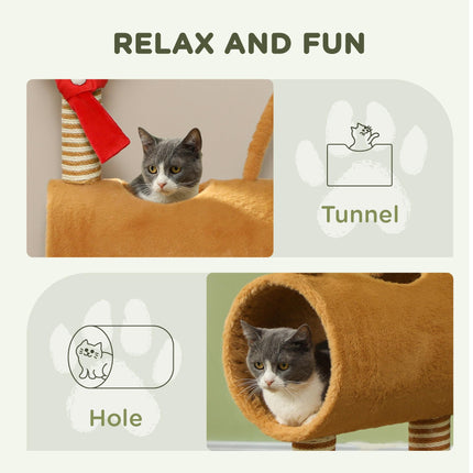 98cm Deer Themed Cat Tree with Scratching Posts, Tunnel & Toy Ball - Brown