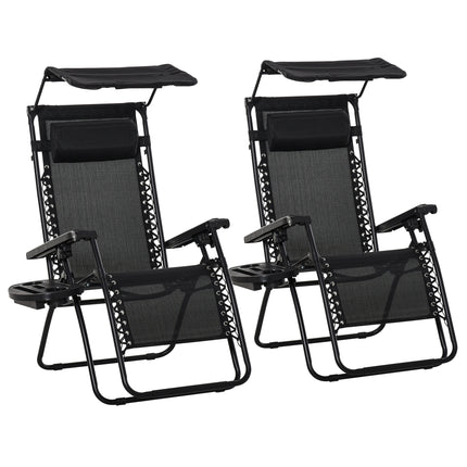 2 Piece Foldable Reclining Zero Gravity Garden Chairs with Headrest, Footrest, Armrest, Cup Holder & Canopy Shade - Black