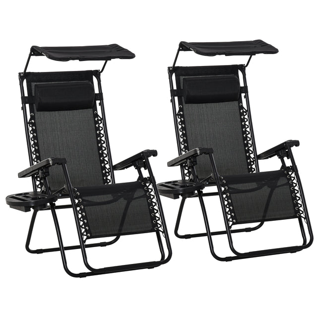 2 Piece Foldable Reclining Zero Gravity Garden Chairs with Headrest, Footrest, Armrest, Cup Holder & Canopy Shade - Black