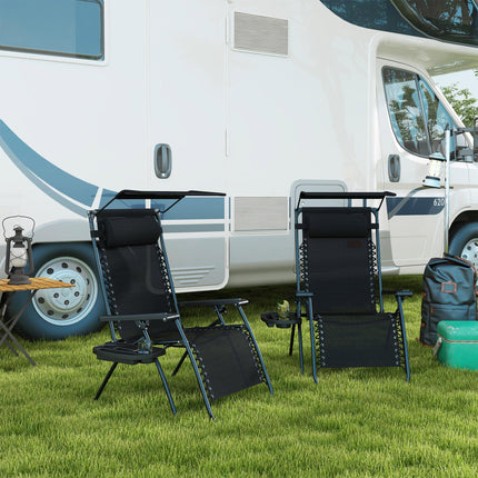 2 Piece Foldable Reclining Zero Gravity Garden Chairs with Headrest, Footrest, Armrest, Cup Holder & Canopy Shade - Black