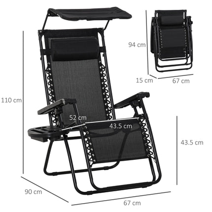 2 Piece Foldable Reclining Zero Gravity Garden Chairs with Headrest, Footrest, Armrest, Cup Holder & Canopy Shade - Black