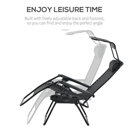 2 Piece Foldable Reclining Zero Gravity Garden Chairs with Headrest, Footrest, Armrest, Cup Holder & Canopy Shade - Black