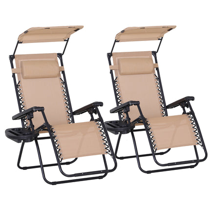 2 Piece Foldable Reclining Zero Gravity Garden Chair Set with Headrest, Footrest, Armrest, Cup Holder & Canopy - Beige
