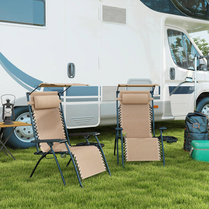 2 Piece Foldable Reclining Zero Gravity Garden Chair Set with Headrest, Footrest, Armrest, Cup Holder & Canopy - Beige