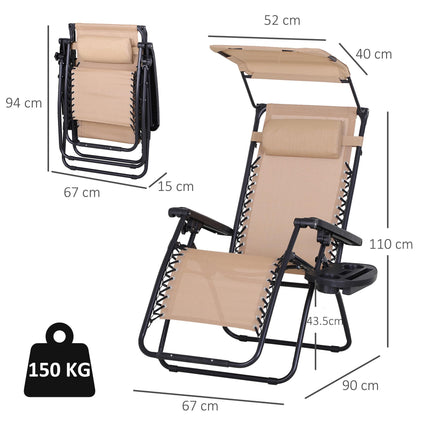 2 Piece Foldable Reclining Zero Gravity Garden Chair Set with Headrest, Footrest, Armrest, Cup Holder & Canopy - Beige