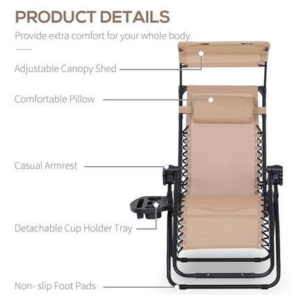 2 Piece Foldable Reclining Zero Gravity Garden Chair Set with Headrest, Footrest, Armrest, Cup Holder & Canopy - Beige