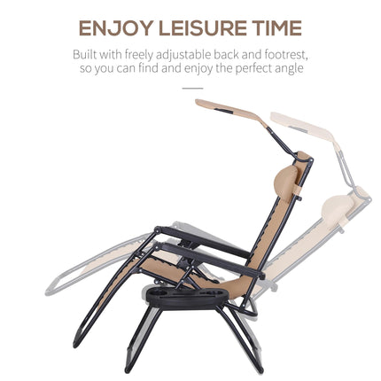2 Piece Foldable Reclining Zero Gravity Garden Chair Set with Headrest, Footrest, Armrest, Cup Holder & Canopy - Beige