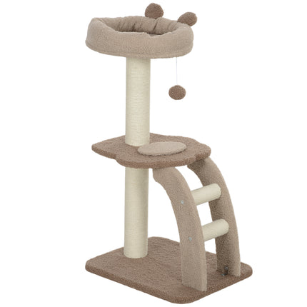 Cat Tee Indoor Cat Tower 88cm with Sisal Scratching Post, Hanging Ball, Large Perch, Stairs - Brown