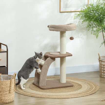 Cat Tee Indoor Cat Tower 88cm with Sisal Scratching Post, Hanging Ball, Large Perch, Stairs - Brown