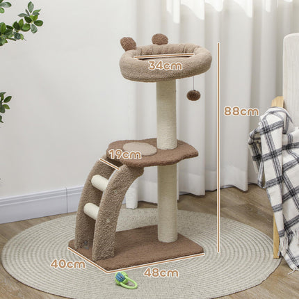 Cat Tee Indoor Cat Tower 88cm with Sisal Scratching Post, Hanging Ball, Large Perch, Stairs - Brown
