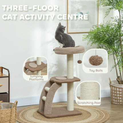 Cat Tee Indoor Cat Tower 88cm with Sisal Scratching Post, Hanging Ball, Large Perch, Stairs - Brown