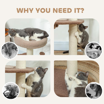 Cat Tee Indoor Cat Tower 88cm with Sisal Scratching Post, Hanging Ball, Large Perch, Stairs - Brown